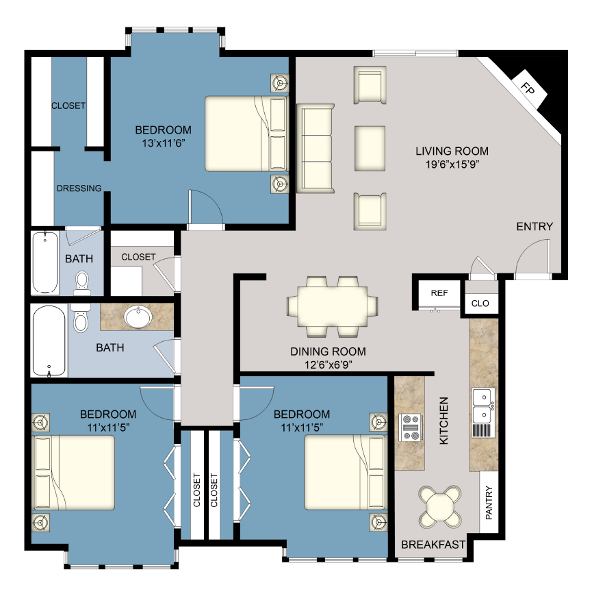 Floor plan for 3 beds, 2 baths, 1383 sqft